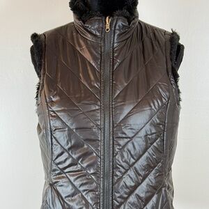 Black Puffer Furry Reversible Vest Nicole Miller Med Pockets Zip Close
